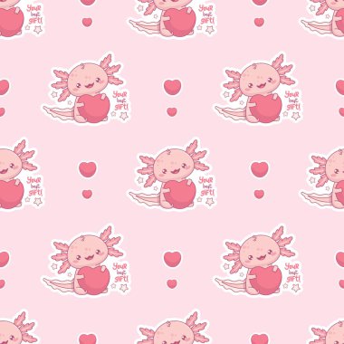 Aşkta kusursuz desenler, büyük kalpli Axolotl hayvan ve açık pembe arka planda slogan. Komik küçük çizgi film kawaii karakteri. Vektör çizimi. Romantik sevgililer günü arkaplanı