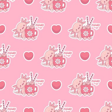 Kusursuz tatil modeli. Komik Axolotl, fincanlı sıcak çikolata, marşmelovlu ve pembe arka planda kalp şeklinde şekerler. Küçük havalı çizgi film kawaii hayvan çıkartması. Vektör illüstrasyonu