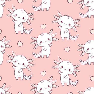 Romantik, kusursuz, pembe arka planda kalbi olan küçük sevimli Axolotl. Komik çizgi film kawaii hayvanı. Çizgi çizme. Vektör illüstrasyonu