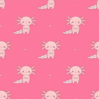 Pembe arka planda, kusursuz bir romantik şablon, sevimli Axolotl. Komik küçük çizgi film kawaii karakteri. Vektör illüstrasyonu