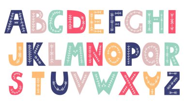 Folk desenli el çizimi dekoratif çok renkli İngiliz alfabesi. Vektör çizimi. Yaratıcı ve tasarım için mükemmel harfler.