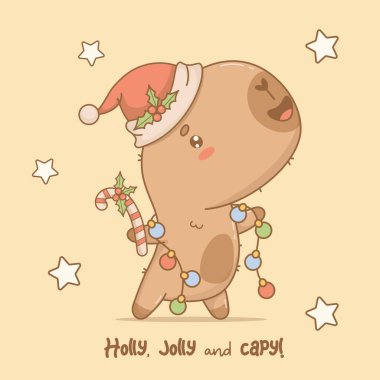 Christmas cute capybara in Santa hat with New Years garland.  Funny winter festive cartoon kawaii character animal. Kids collection. Vector illustration. Holiday card with cool phrase clipart