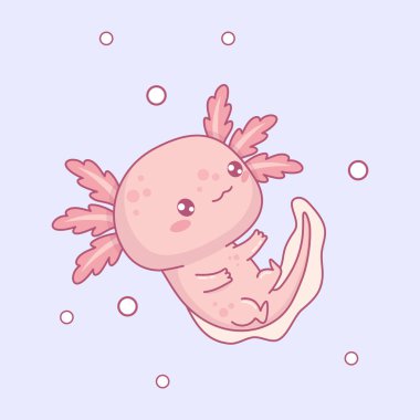 Şirin pembe Axolotl. Küçük çizgi film kawaii karakter maskotu. Vektör çizimi. Tişört baskısı, çıkartma, tebrik kartı tasarımı için kullanılabilir. Çocuk koleksiyonu