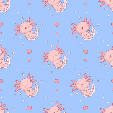 Mavi arka planda şirin Axolotl 'lu kusursuz desen. Komik küçük çizgi film kawaii karakteri. Vektör illüstrasyonu