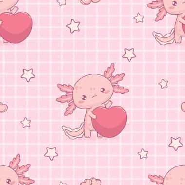 Pembe arka planda kalbi olan sevimli Axolotl 'lu kusursuz bir model. Komik küçük çizgi film kawaii karakteri. Vektör çizimi. Romantik sevgililer günü arkaplanı