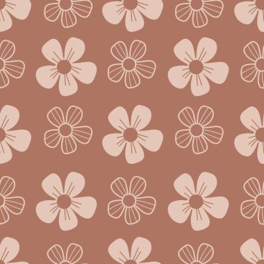 Çiçeksiz desen. Kahverengi arka planda açık minimalist çiçekler. Vektör çizimi. 2025 'in Mocha Mousse renginde minimum botanik baskısı. El çizimi