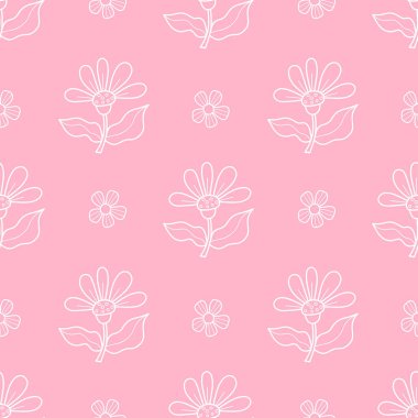 Çiçeksiz desen. Pembe arka planda açık beyaz çiçekler. Vektör çizimi. Minimalist botanik şablon. El çizimi