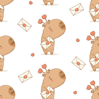 Sevimli romantik çizgi film kapibarası ve aşk mektubu ile kusursuz bir desen.