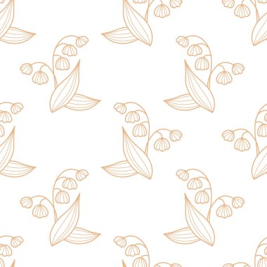 Kusursuz bir çiçek deseni. Beyaz arka planda vadi çiçeklerinin zarif doğrusal zambağı. Vektör çizimi. El çizimi, taslak. Duvar kağıdı, tekstil ve dekor için minimal tasarım