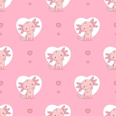 Pembe arka planda kalbi olan sevimli Axolotl 'lu romantik, kusursuz bir model. Küçük çizgi film kawaii karakteri. Vektör çizimi. Sevgililer Günü arka plan şablonu