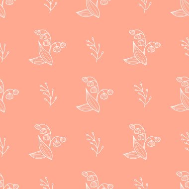 Kusursuz çiçek deseni. Zarif beyaz çiçekli vadi çiçekleri pembe arka planda. Vektör çizimi. El çizimi. Tekstil ve Dekorasyon İçin Asgari Tasarım