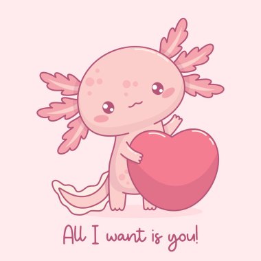 Romantik, Axolotl 'a kalpten aşıktı. Küçük neşeli çizgi film pembe kawaii karakteri. Vektör çizimi. Havalı bir tatil kartpostalı.