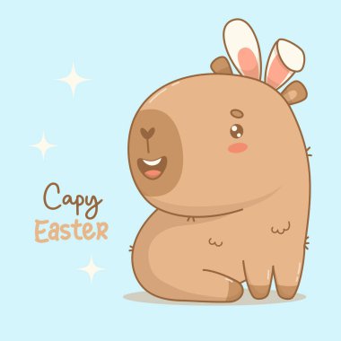 Happy Easter Capybara with Bunny Ears. Cute cheerful cartoon kawaii character animal. Vector illustration. Holiday cool card with slogan. Kids collection clipart