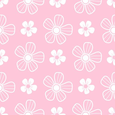 Çiçeksiz desen. Pembe arka planda açık minimalist beyaz çiçekler. Vektör çizimi. Minimum narin botanik parmak izi. El çizimi