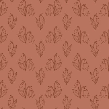 Kahverengi Arkaplan 'da kusursuz çiçek deseni. Mocha mousse arka planında zarif bir kar damlası çiçeği. Renk yılı 2025. Vektör çizimi. Tekstil ve Dekorasyon için El Çizimi Minimum Tasarımı