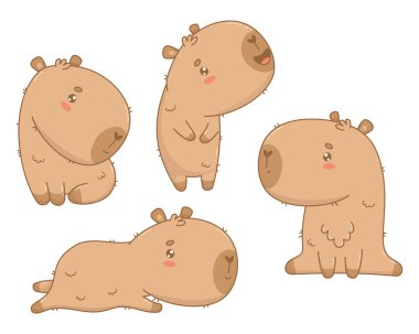 Güzel Capybara seti. İzole edilmiş komik sakin karakter çizgi film karakteri Kawaii karakteri. Vektör çizimi. Çocuk koleksiyonu
