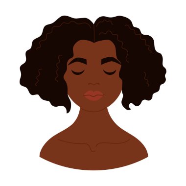 Kıvırcık saçlı, tatlı Afrikalı Amerikalı kız. Kadın portre avatarı. Vektör illüstrasyonu
