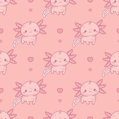 Açık pembe arka planda kalbi olan sevimli Axolotl 'lu kusursuz bir model. Komik küçük çizgi film kawaii karakteri. Vektör çizimi. Romantik arka plan sevgilisi
