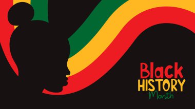 Siyah tarih ayı posteri. Afro-Amerikan kadın silueti ve kırmızı, sarı ve yeşil bayrak. Vektör çizimi. Arkaplan, kart, pankart için yatay şablon
