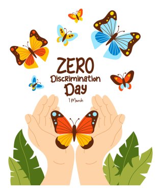 Zero discrimination day greeting card. Multicolored rainbow butterflies fly out from palms of hand. International holiday 1 march. Butterfly as festive symbol. Vector illustration in flat style clipart