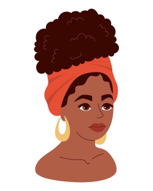 Kıvırcık saç stili ve türbanlı tatlı Afro-Amerikan kadın. Kadın etnik köken avatarı. Vektör düz resimleme