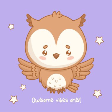 Şirin Baykuş. Yıldızlı komik çizgi film kawaii kuşu. Vektör çizimi. Güzel sloganı olan bir kart. Çocuk koleksiyonu