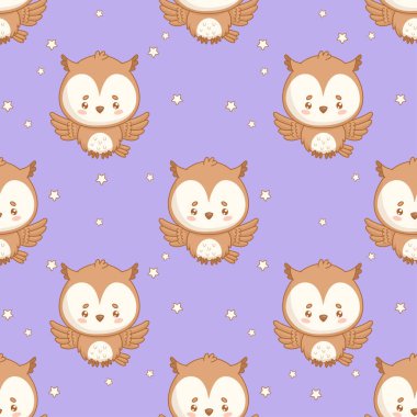 Kusursuz desen. Mor arka planda, yıldızlı sevimli çizgi film baykuşu. Vektör çizimi. Çocuk koleksiyonu