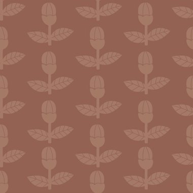 Çiçeksiz desen. Kahverengi arka planda yaprakları olan zarif bitkiler tomurcuklanır. Mocha mousse renginde minimal tasarım 2025 yılı. Vektör çizimi. El çizimi