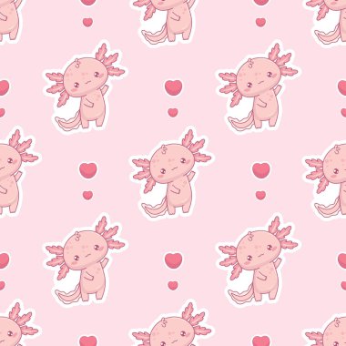 Açık pembe arka planda kalbi olan sevimli bir Axolotl hayvanıyla kusursuz bir desen. Komik küçük çizgi film kawaii karakteri. Vektör çizimi. Romantik sevgililer günü arkaplanı