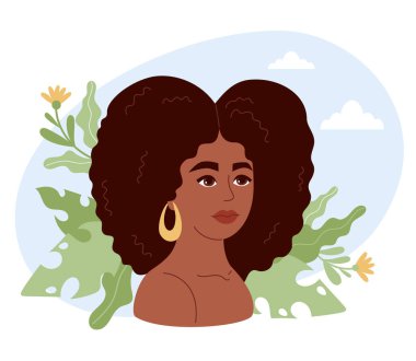Kıvırcık saçlı Afrikalı Amerikalı kadın. Doğanın, yaprakların ve çiçeklerin arka planına karşı kadın etnik köken portresi. Düz biçimli vektör illüstrasyonu