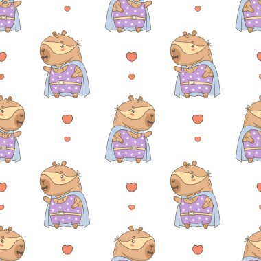 Süper kahraman Capybara kusursuz desen. Kahraman maskeli romantik çizgi film kawaii hayvanı ve sevgililer günü kalpleriyle beyaz arka planda pelerin. Vektör çizimi. Çocuk koleksiyonu