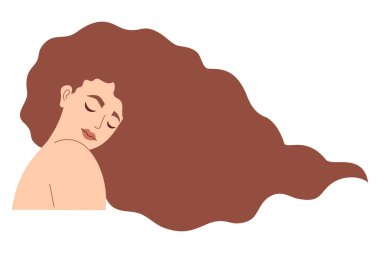 Uzun saçlı, tatlı, güzel bir esmer kadın. Huzurlu kadın portresi. Vektör illüstrasyonu