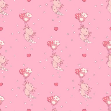 Pembe arka planda balon kalpli, sevimli Axolotl 'lu kusursuz desen. Komik küçük çizgi film kawaii karakteri. Vektör çizimi. Romantik tatil arkaplanı