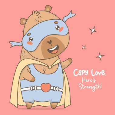 Cute Superhero Capybara in hero mask and costume. Funny cartoon kawaii character animal. Vector illustration. Cool card with slogan. Kids collection clipart