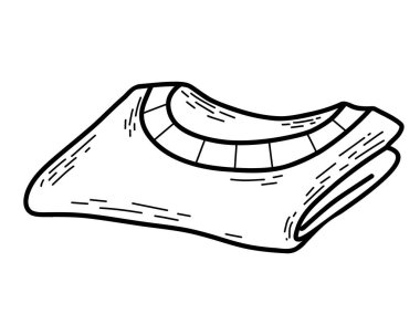 Yuvarlanmış tişört. Beyaz arka planda katlanmış kıyafetlerin doğrusal el çizimi. Vektör illüstrasyonu