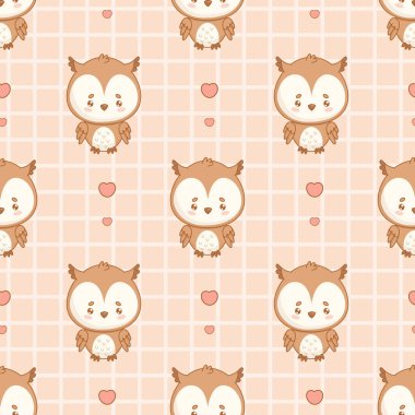 Kusursuz desen. Bej renkli, kareli ve kalpli sevimli baykuş. Komik çizgi film Kawaii karakteri arkaplanı. Vektör çizimi. Çocuk koleksiyonu
