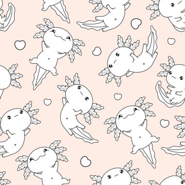 Kusursuz desenli pembe arka planda kalbi olan sevimli Axolotl. Komik küçük çizgi film kawaii karakteri. Çizgi çizimi. Vektör çizimi. Çocuk koleksiyonu