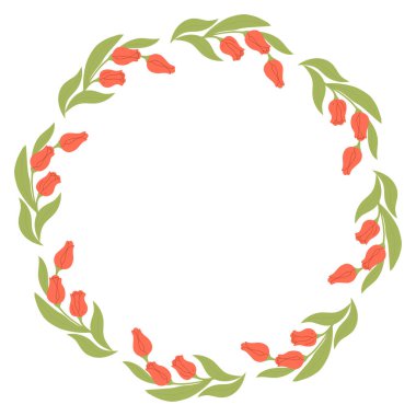 Kırmızı laleli yuvarlak çerçeve. Bahar Çiçekleri ile süslü Çember Sınır Kartı. Düz biçimli vektör illüstrasyonu