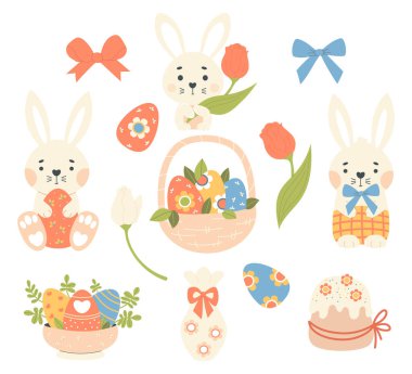 Lale çiçekli Paskalya Tavşanı ve sepetli Paskalya Yumurtası. Bahar Tatili Koleksiyonu. Şenlik tasarımı, tebrik kartı, davetiye, kartpostal, afiş, poster için izole Vektör çizimleri