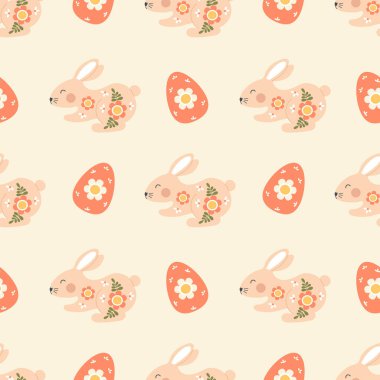 Paskalya tavşanı kusursuz. Bej arkaplanda paskalya yumurtası olan sevimli dekoratif tavşan. Düz stil ile Holiday Vektör illüstrasyonu 