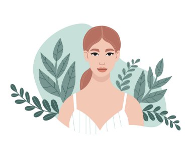 Yeşil botanik yapraklarıyla çevrili güzel bir kadın. Minimalist kadın portresi. Düz bir şekilde vektör illüstrasyonu. Güzellik, akıl sağlığı ve doğa konsepti