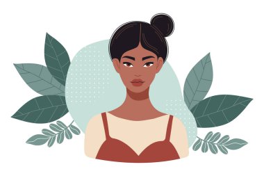 Yaprakları olan oldukça modern bir Afrikalı Amerikalı kadın. Minimalist Modern Kadın Portresi. Düz biçimli vektör illüstrasyonu