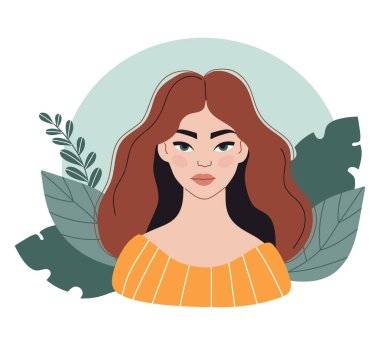 Minimalist kadın portresi. Uzun saçlı kadın. Vektör çizimi. Kadınlar Günü için Tatil Karakteri, Anneler Günü ve Doğum Günü Tebrik Kartı Tasarımı