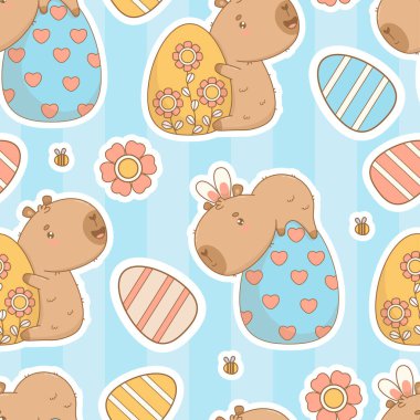 Easter Seamless pattern. Cute funny Capybara sticker with paschal Eggs on blue striped background. Holiday cartoon kawaii animal template backdrop. Vector illustration. Kids collection clipart