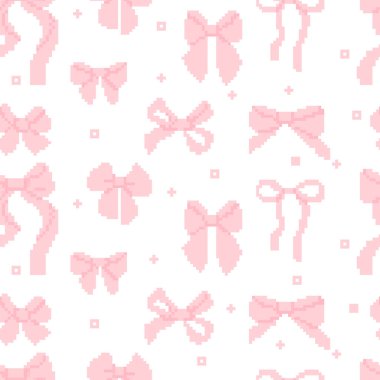 Pikselli pembe kurdele. Beyaz arka planda koka estetik deseni var. Moda desenli, pikselli arka plan. 90 'ların estetik havası. 8-bit retro. Vektör illüstrasyonu