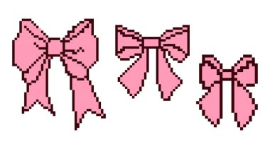 Pikselli Pembe Kurdele Seti. İzole edilmiş Coquette Vintage Aksesuar Retro Estetik 8-bit tarzında. Vektör çizimi. Y2k modayı takip eden eğlenceli pikselli çıkartmalar. 90 'ların estetik havası
