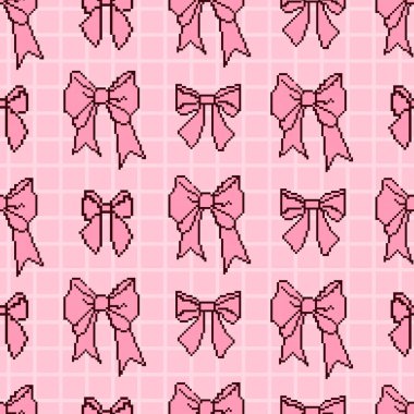 Coquette Estetik Piksellik Sanatı Kurdelesi Pembe Kareli arka planda kusursuz desen. Moda desenli Pixelated Arka Arkaplan Y2k. 90 'ların estetik havası. 8-bit retro. Vektör illüstrasyonu
