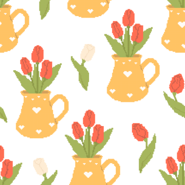 Pixel Sanat Tertemiz Şablon Çiçek Laleleri vazoda. Çiçek Şablonu 8- bit tarzında