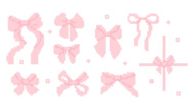 Pixel Art Coquette Pembe Fiyonk 8-bit tarzında. İzole edilmiş kız saçı, aksesuar retro estetik örüyor. Vektör çizimi. Y2k modayı takip eden eğlenceli pikselli çıkartmalar. 90 'ların estetik havası