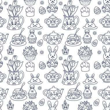 Paskalya 'nın hatları kusursuz. Yumurtalı şirin paskalya tavşanı, tavşan süslemeli şenlikli sofra takımı, beyaz arka planda laleli sürahi. Doğrusal çizim biçiminde Holiday Vektör illüstrasyonu